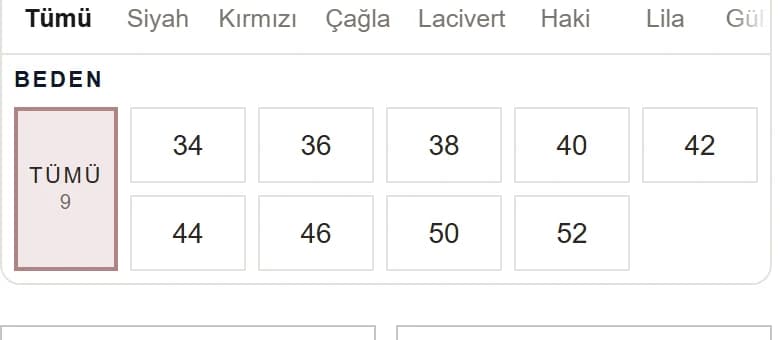 Beden Filtresi modülünün mağazadaki görünümü